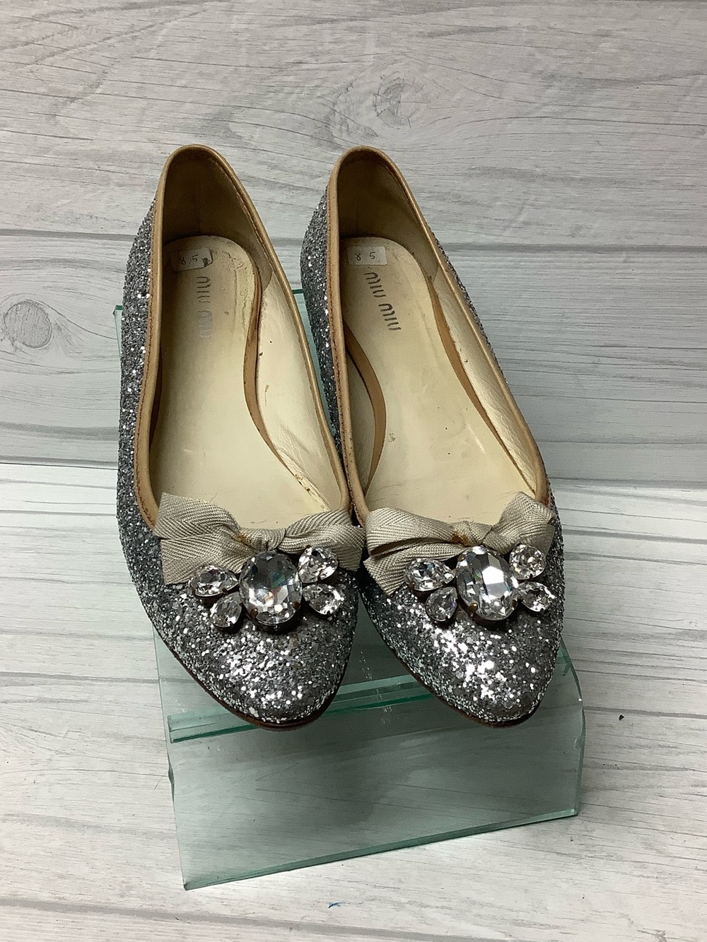 Miu Miu Silver Glitter Crystal Flats